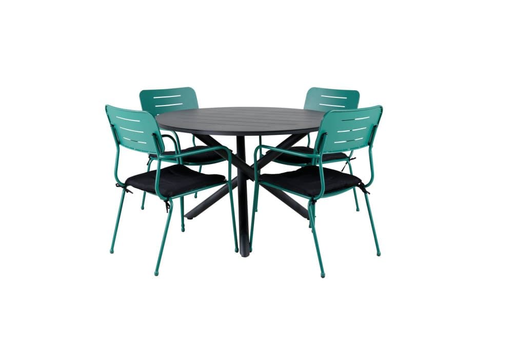 Alma Trädgårdset bord Ø120cm och 4 stole Nicke grön, svart.