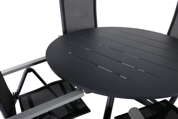 Alma hagesett bord Ø120cm og 4 stoler L5pos Albany svart.