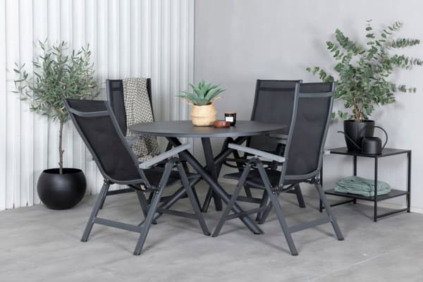 Alma hagesett bord Ø120cm og 4 stoler L5pos Albany svart.
