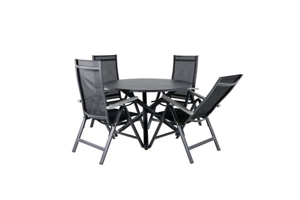 Alma hagesett bord Ø120cm og 4 stoler L5pos Albany svart.