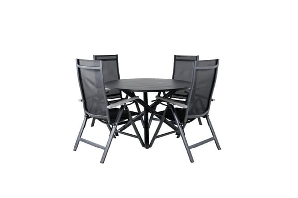 Alma hagesett bord Ø120cm og 4 stoler L5pos Albany svart.