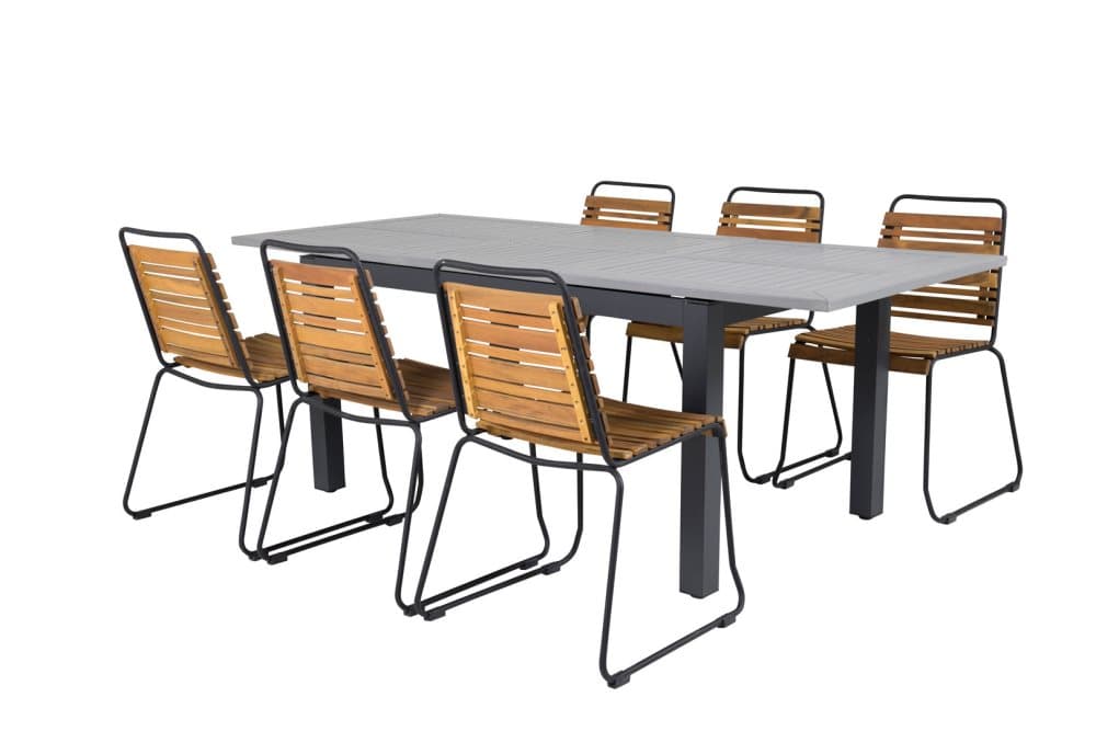 Albany Trädgårdset bord 90x152/210cm och 6 stole Bois svart, grå.