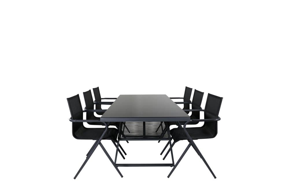 Dallas Trädgårdset bord 90x193cm och 6 stole Alina svart.