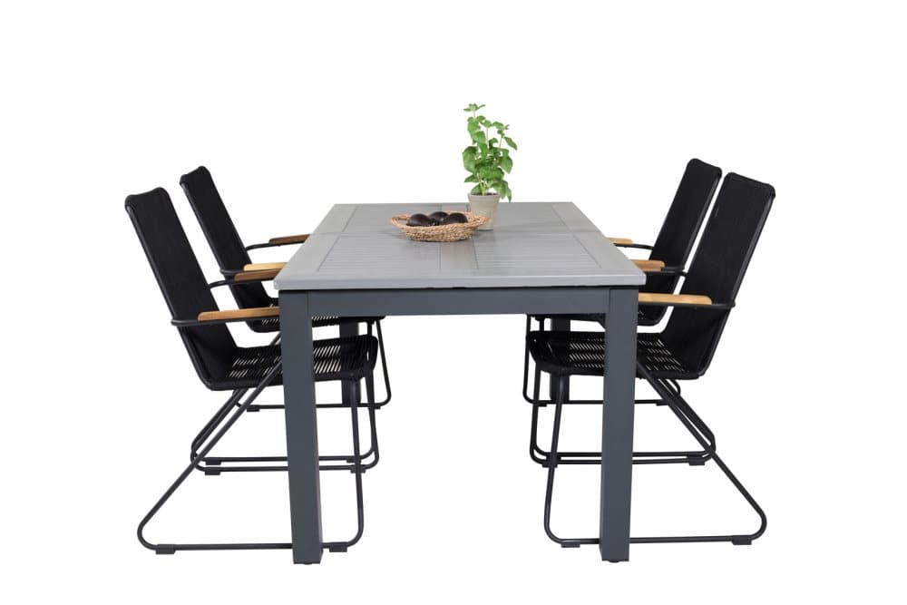 Albany Trädgårdset bord 90x152/210cm och 4 stole armstöd Bois svart, grå.