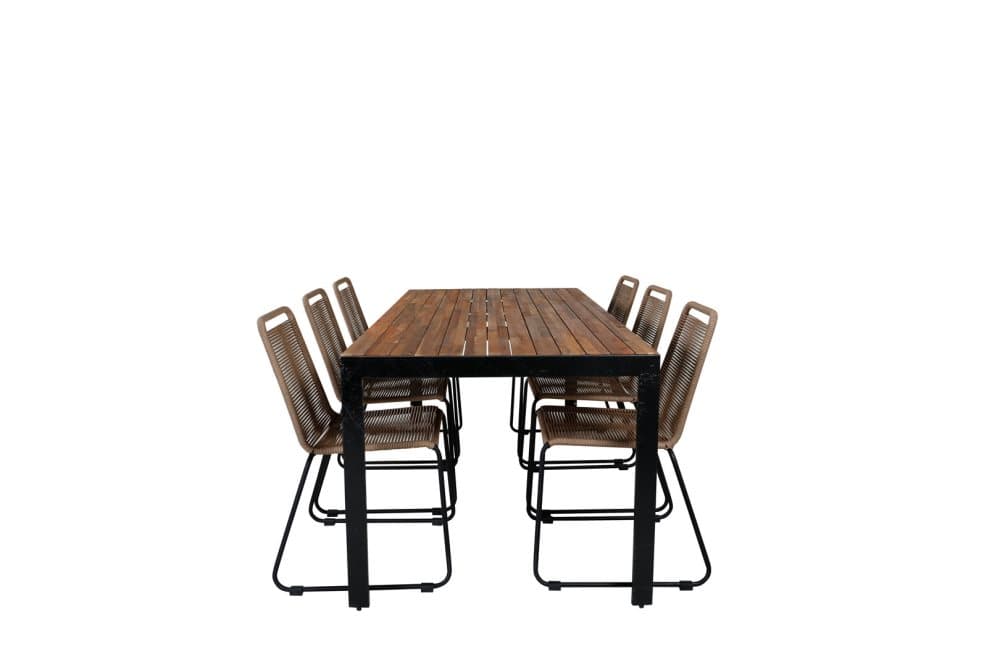 Bois Trädgårdset bord 90x205cm och 6 stole stapelL Lindos svart, natur.