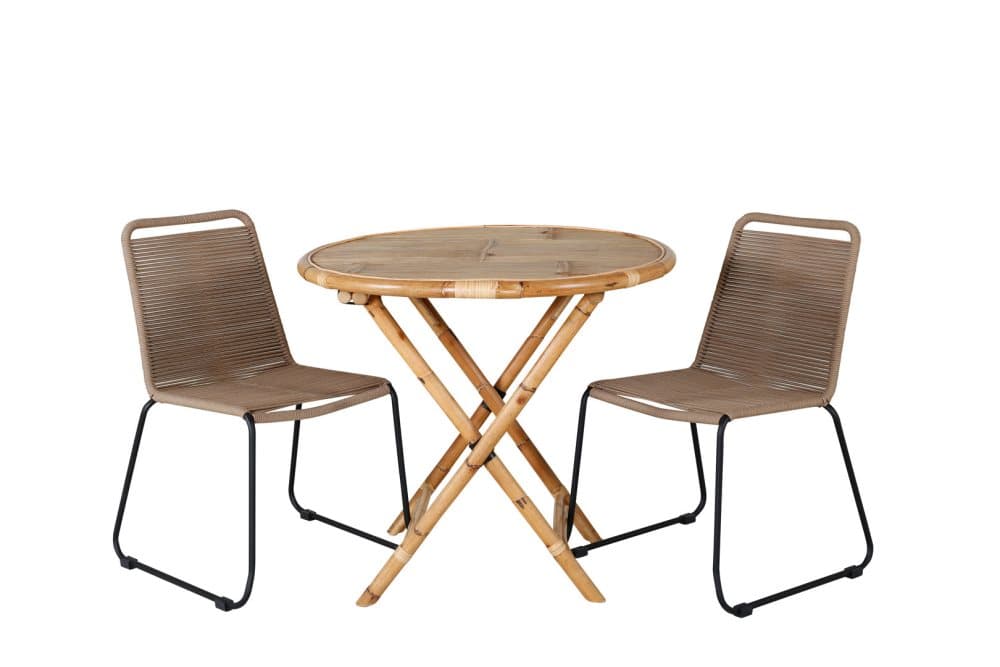 Cane Trädgårdset bord Ø80cm och 2 stole L Lindos svart, natur.
