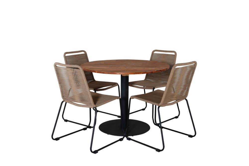 Cot Trädgårdset bord Ø100cm och 4 stole stapelL Lindos svart, natur.