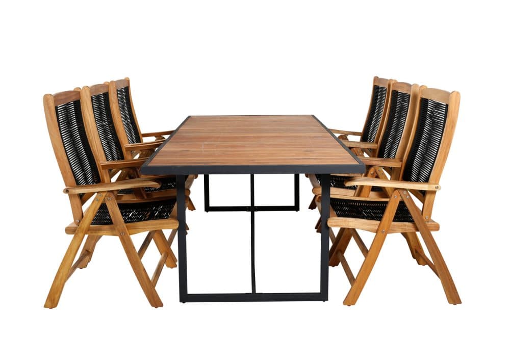 Khung Trädgårdset bord 100x200cm och 6 stole 5pos Peter natur, svart.