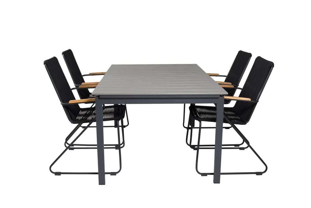Levels Trädgårdset bord 100x160/240cm och 4 stole armstöd Bois svart, grå.