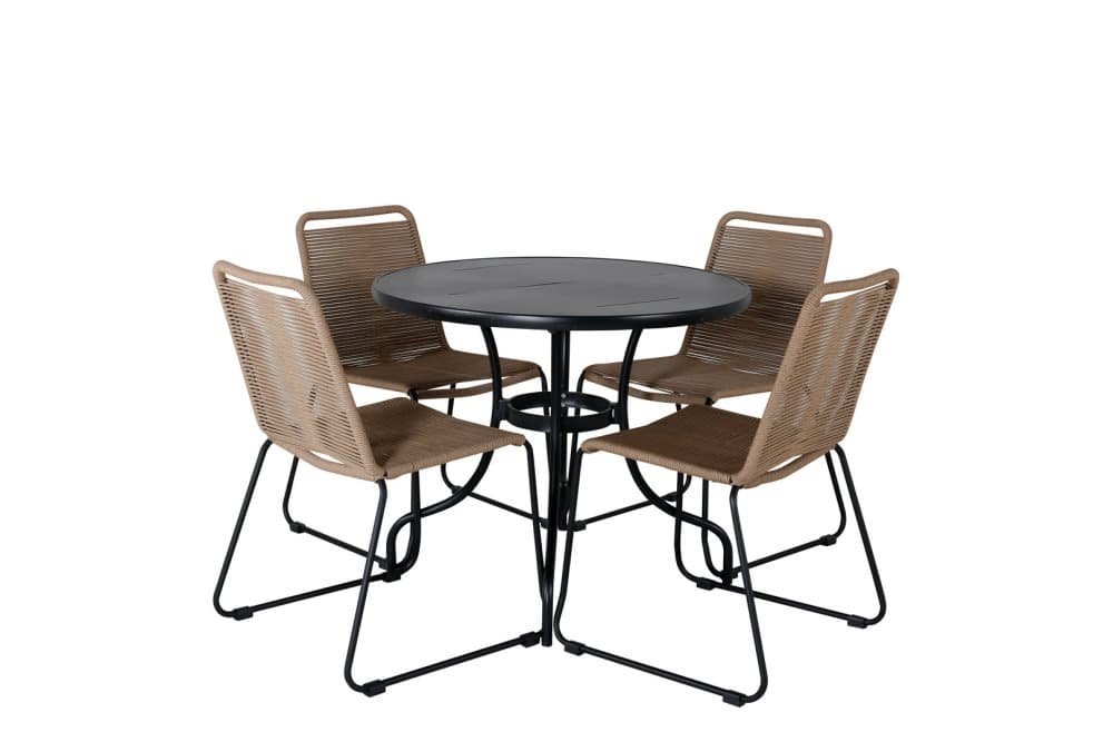 Nicke Trädgårdset bord Ø90cm och 4 stole stapelL Lindos svart.
