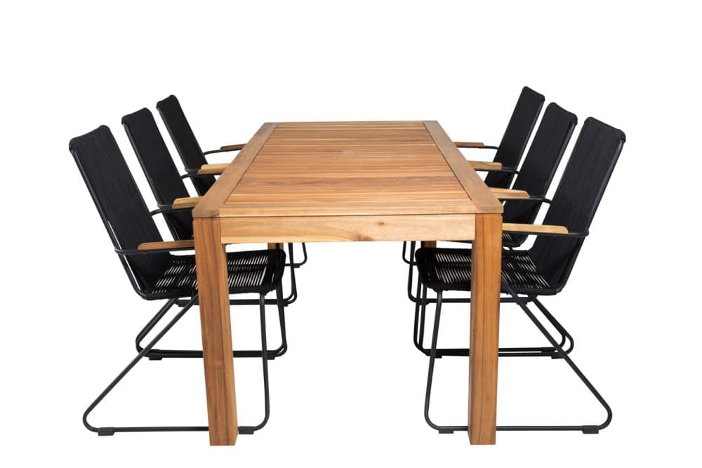 Peter Trädgårdset bord 90x200cm och 6 stole armstöd Bois svart, natur.