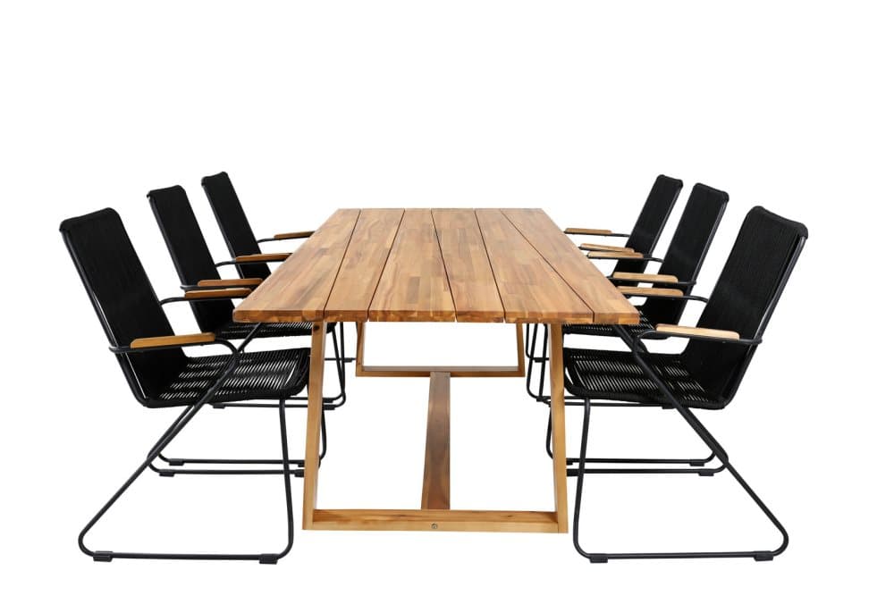 Plankton Trädgårdset bord 100x220cm och 6 stole armstöd Bois svart, natur.