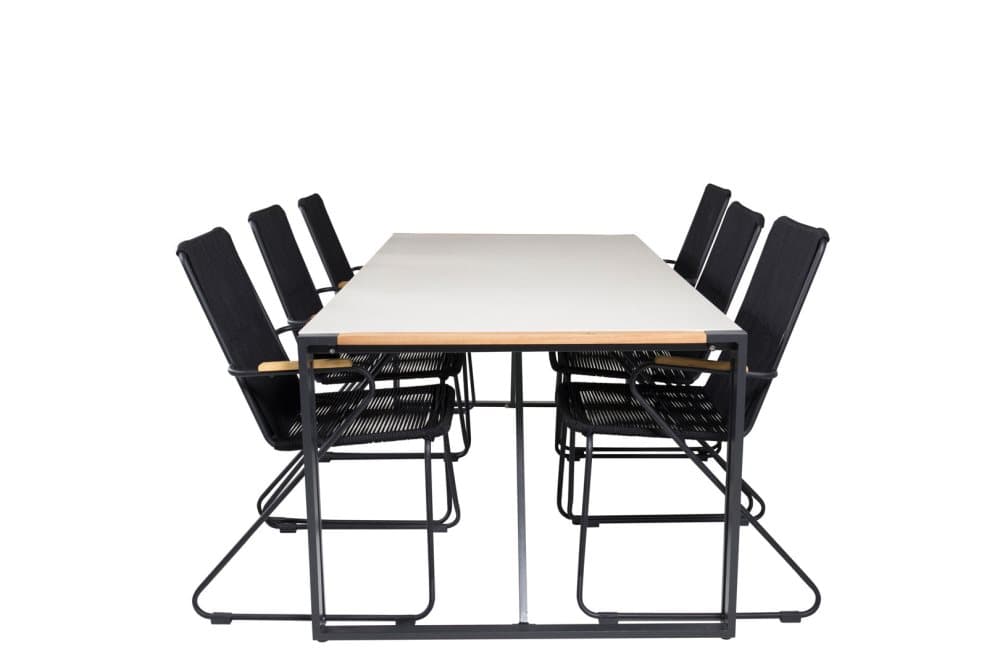 Texas Trädgårdset bord 100x200cm och 6 stole armstöd Bois svart, grå, natur.