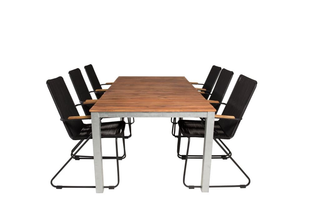 Zenia Trädgårdset bord 100x200cm och 6 stole Bois svart, natur, silverfärgad.