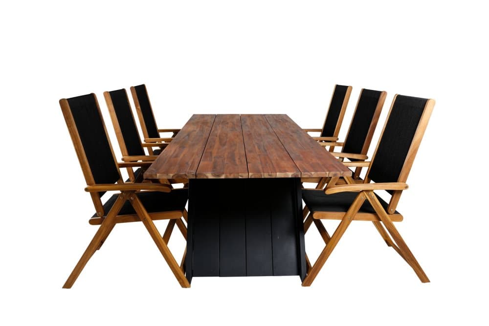 Doory Trädgårdset bord 100x250cm och 6 stole Little John svart, natur.