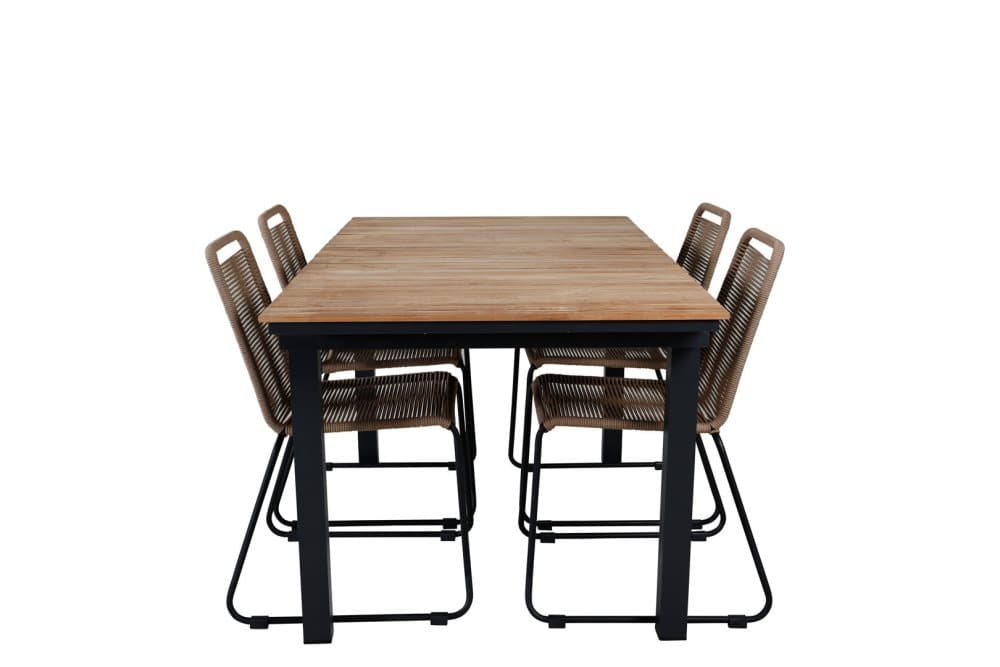 Mexico Trädgårdset bord 90x160/240cm och 4 stole stapelL Lindos svart, natur.