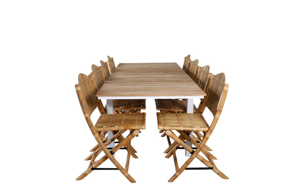Mexico Trädgårdset bord 90x180/240cm och 8 stole Cane ljusgrå, natur.