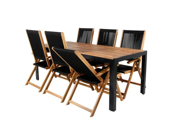 Bois hagesett bord 90x205cm og 6 stoler Little John svart, natur.