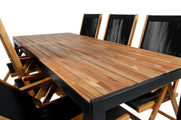Bois hagesett bord 90x205cm og 6 stoler Little John svart, natur.