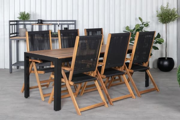 Bois hagesett bord 90x205cm og 6 stoler Little John svart, natur.