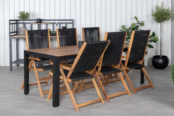 Bois hagesett bord 90x205cm og 6 stoler Little John svart, natur.