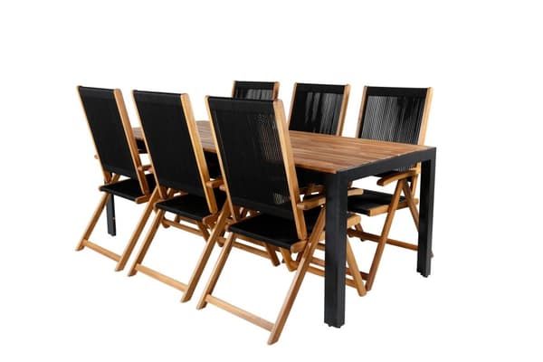Bois hagesett bord 90x205cm og 6 stoler Little John svart, natur.