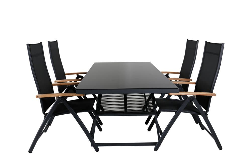 Dallas Trädgårdset bord 90x193cm och 4 stole Panama svart.