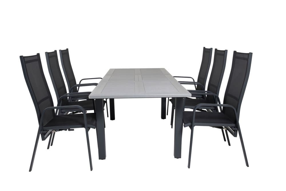Albany Trädgårdset bord 90x152/210cm och 6 stole Copacabana svart, grå.