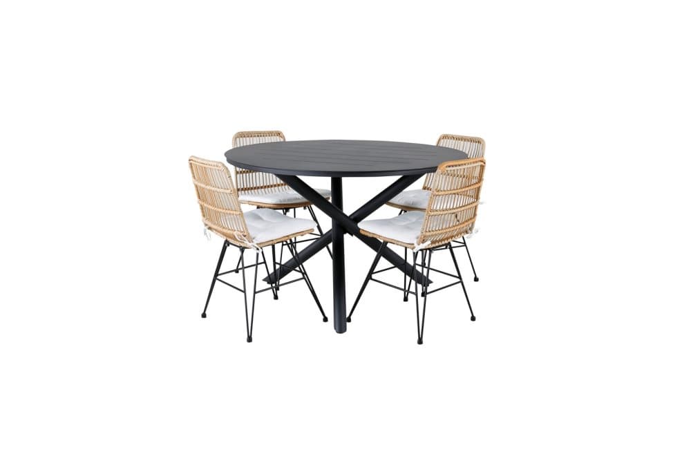 Alma Trädgårdset bord Ø120cm och 4 stole Viga svart, natur, vit.