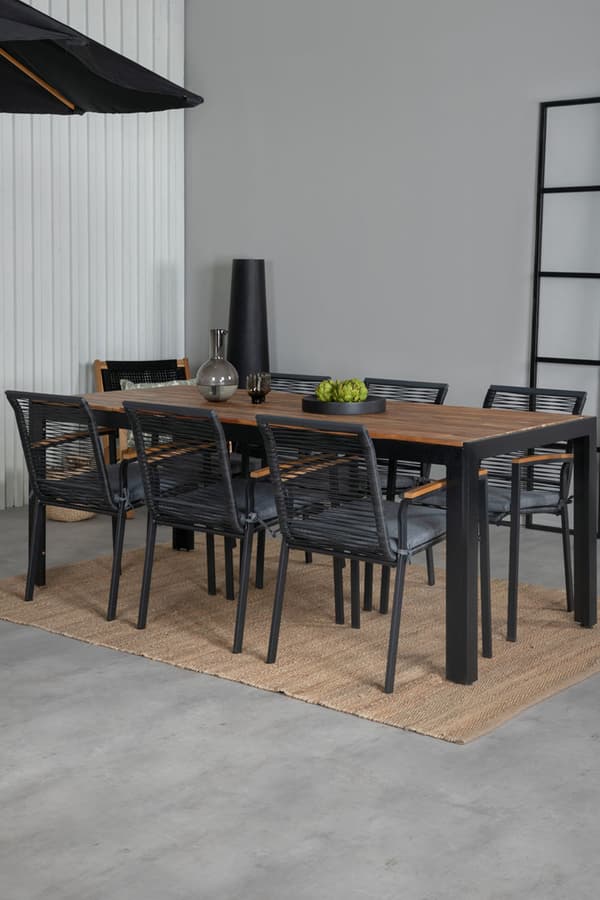 Bois Trädgårdset bord 90x205cm och 6 stole Dallas svart, natur.