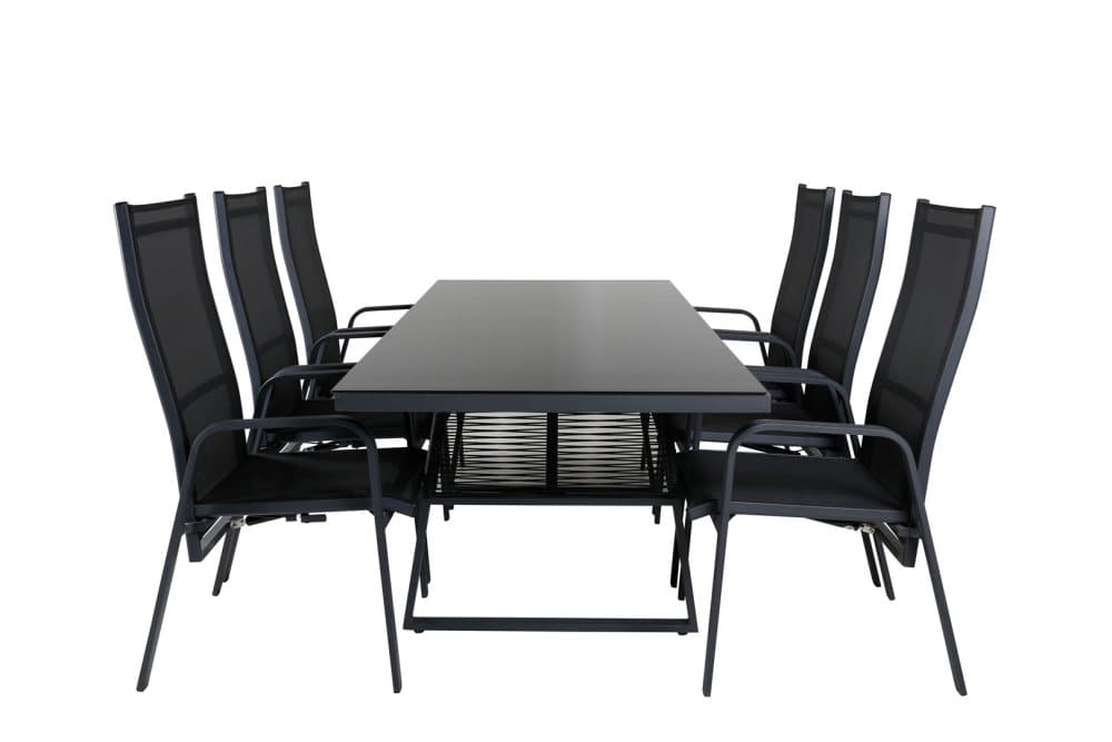 Dallas Trädgårdset bord 90x193cm och 6 stole Copacabana svart.