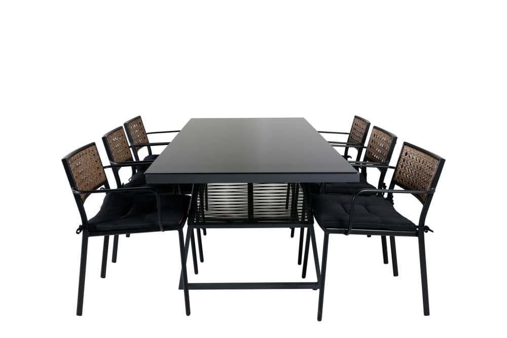 Dallas Trädgårdset bord 90x193cm och 6 stole Paola svart.