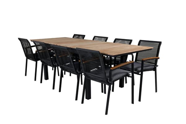 Mexico Trädgårdset bord 90x160/240cm och 8 stole Dallas svart, natur.