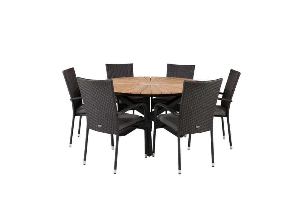 Mexico Trädgårdset bord Ø140cm och 6 stole Anna svart, natur.