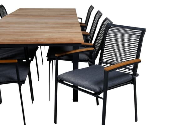 Mexico hagesett bord 90x160/240cm og 8 stoler Dallas svart, natur.