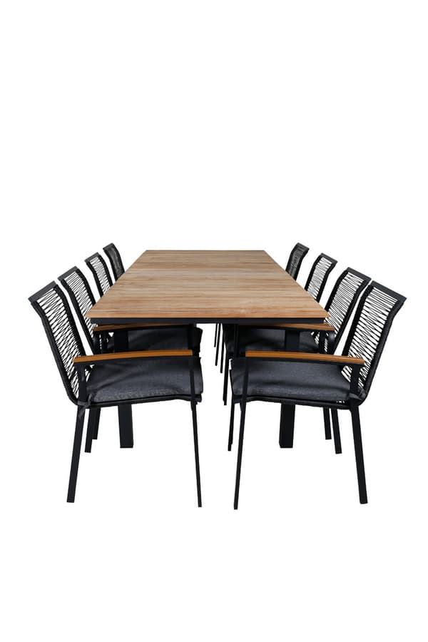 Mexico hagesett bord 90x160/240cm og 8 stoler Dallas svart, natur.
