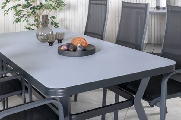 Virya hagesett bord 100x200cm og 6 stoler Copacabana svart, grå.