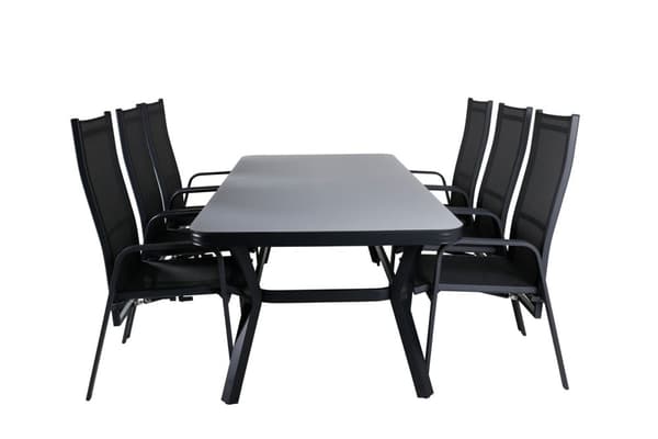 Virya hagesett bord 100x200cm og 6 stoler Copacabana svart, grå.