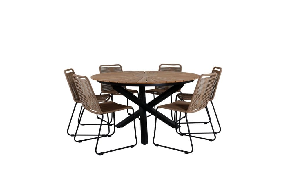 Mexico Trädgårdset bord Ø140cm och 6 stole stapelL Lindos svart, natur.