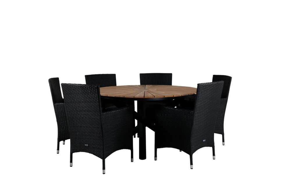 Mexico Trädgårdset bord Ø140cm och 6 stole Malin svart, natur.