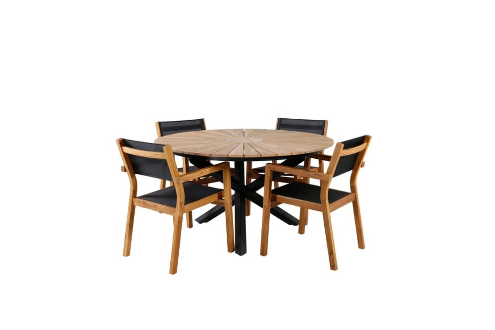 Mexico Trädgårdset bord Ø140cm och 4 stole Venice svart, natur.