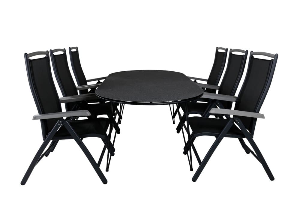 Viga Trädgårdset bord 100x200cm och 6 stole 5pos Albany svart.