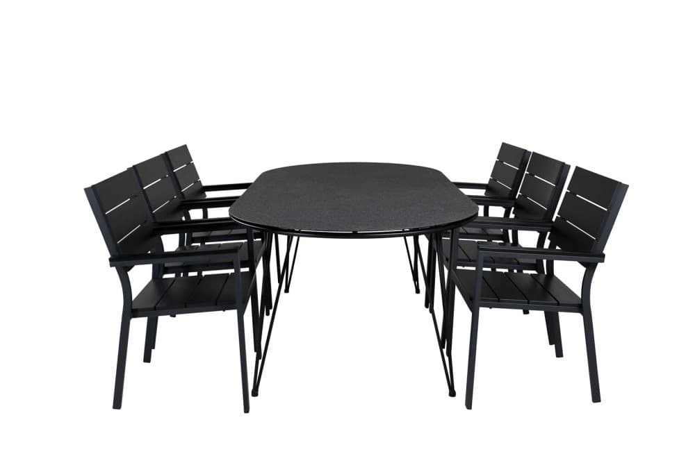 Viga Trädgårdset bord 100x200cm och 6 stole Levels svart.