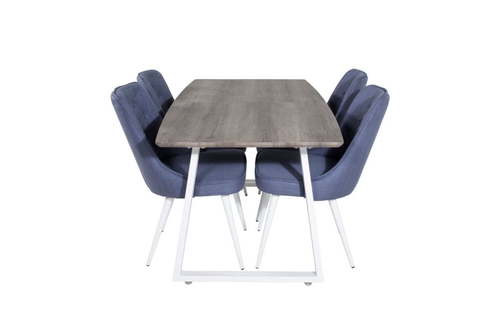 IncaNAWH matgrupp matbord utdragbart bord längd cm 160 / 200 el träd dekor grå och 4 Velvet Deluxe matstola blå, vit.