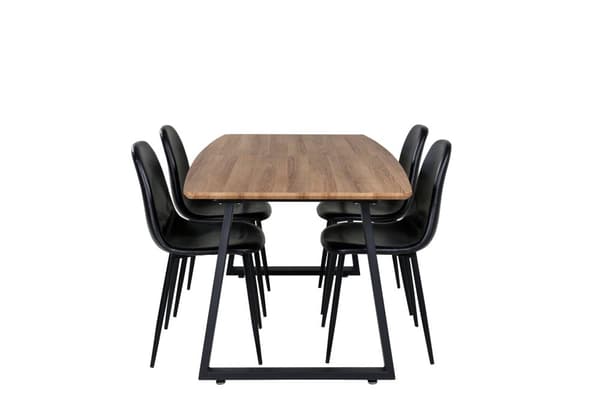 IncaNABL spisebordssæt spisebord  udtræksbord længde cm 160 / 200 elletræ dekor og 4 Polar stole PU kunstlæder sort.