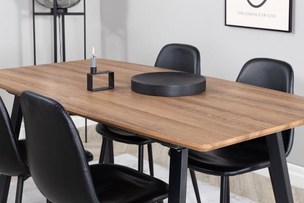 IncaNABL spisegruppe spisebord uttrekksbord lengde cm 160 / 200 el tre dekor og 4 Polar spisestuestoler PU kunstskinn svart PU kunstskinn.