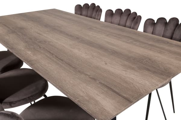 MarinaGRBL spisegruppe spisebord el tre dekor grå og 6 Limhamn spisestuestoler velour grå.