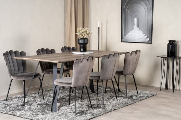 MarinaGRBL spisegruppe spisebord el tre dekor grå og 6 Limhamn spisestuestoler velour grå.