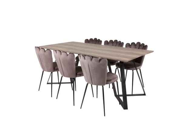 MarinaGRBL spisegruppe spisebord el tre dekor grå og 6 Limhamn spisestuestoler velour grå.