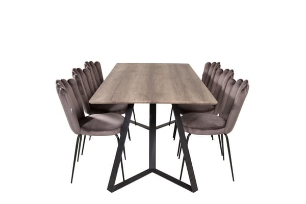 MarinaGRBL spisegruppe spisebord el tre dekor grå og 6 Limhamn spisestuestoler velour grå.